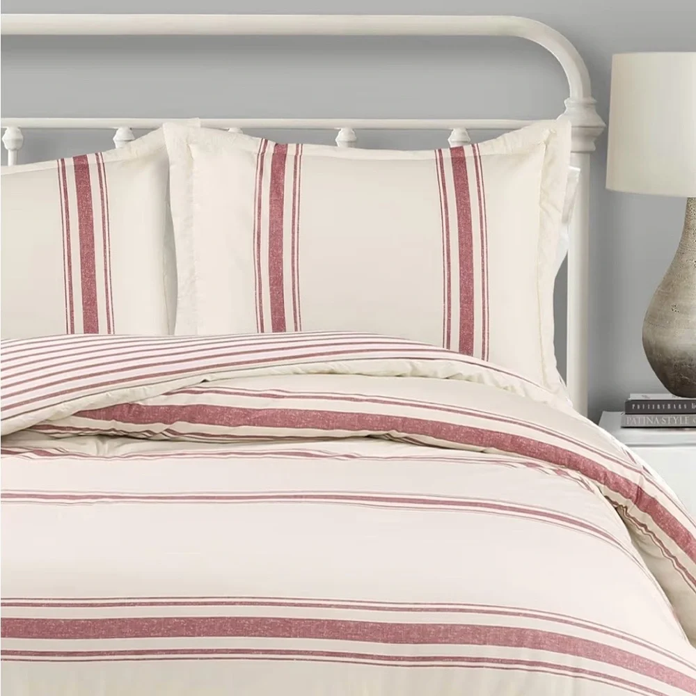 Lush Decor Farmhouse Stripe Reversible Comforter Set Full/Queen Red 3pc NEW